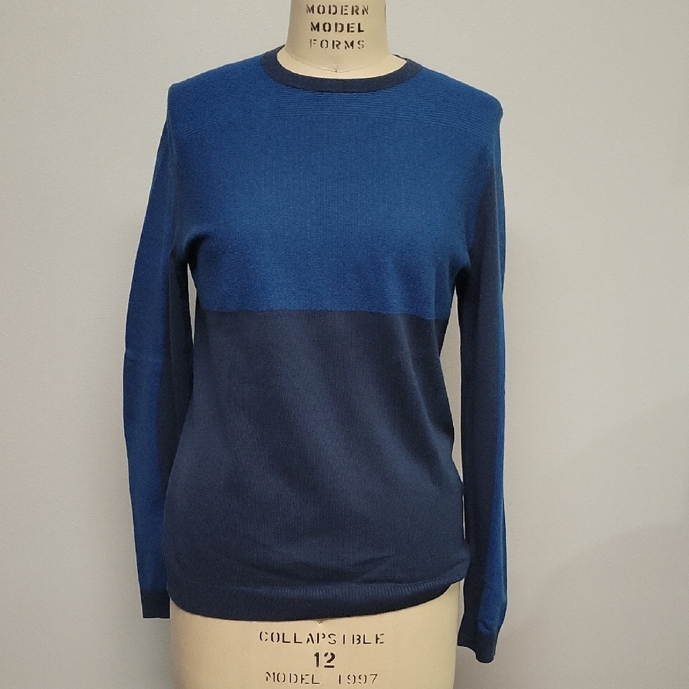 HUGO Men's Two-Tone Blue Crewneck Sweater, Cotton/silk/cashmere. Size S